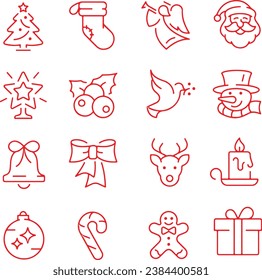 Icon set of christmas, xmas, ornament, decoration, Santa Claus, tree, gift, celebration. Thin line icons, flat vector illustrations. Isolated on white, transparent background