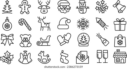 Icon set of christmas, xmas, ornament, decoration, decor, Santa Claus, tree, gift, celebration. Thin line icons, flat vector illustrations. Isolated on white, transparent background	