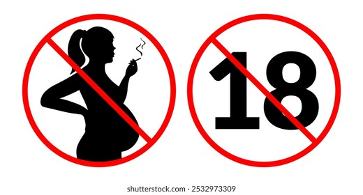 Icon set for cigarette packaging featuring prohibitory sign of pregnant woman smoking and No 18 warning. Vector illustration for health warnings, anti smoking campaigns and regulatory packaging