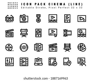 Icon Set of Cinema Vector Line Icons. Contains such Icons as Video, Camera, Filter, Film Strip etc. Editable Stroke. 32x32 Pixel Perfect