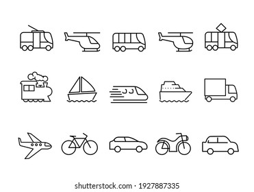 Icon set of city transport. Pictogram for web. Line stroke. Vehicles isolated on white background. Vector eps10