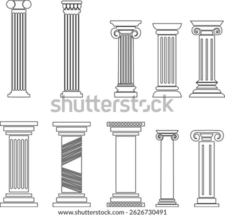 icon set of classical building with columns representing ancient architecture, linear style icon. historic designs. Editable stroke width symbols elements infographics for web transparent background