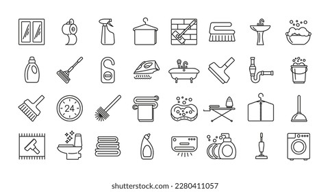 Icon set, cleaning and laundry services in various rooms. Collection of icons for infographics or website. Vector.