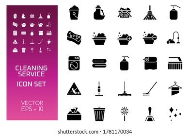 Icon Set of Cleaning Service with Glyph Concept Isolated on White Background. This Bundle Consists of 25 Icon, among them : Broom, sponge, towel, etc. - Vector Illustration. 
