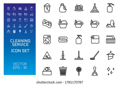 Icon Set of Cleaning Service with Line Concept Isolated on White Background. This Bundle Consists of 25 Icon, among them: Broom, sponge, towel, etc. - Vector Illustration. 