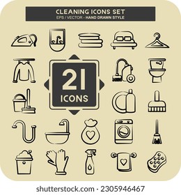 Icon Set Cleaning. suitable for Kids symbol. hand drawn style. simple design editable