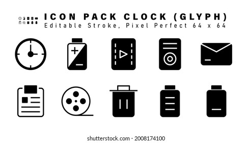 Symbol Set von Uhrzeigersymbolen. Enthält solche Symbole wie Mail, Notiz, Kino, Müll etc. Editable Stroke. 64 x 64 Pixel perfekt