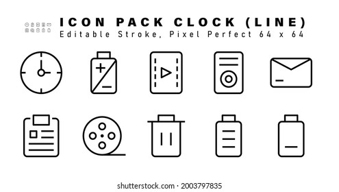 Icon Set of Clock Line Icons. Contains such Icons as Mail, Note, Cinema, Trash etc. Editable Stroke. 64 x 64 Pixel Perfect
