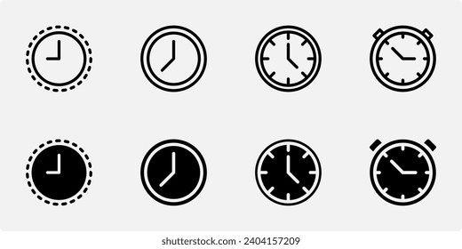 reloj de conjunto de iconos, hora, alarma, cronómetro, minuto, elementos de diseño con un contorno simple y estilos de iconos sólidos