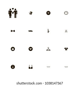 icon set Clothes with star, bow, bag and alarm clock on the black