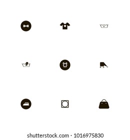 icon set Clothes with tumble dry, hand wash, lady bag and alarm clock on the black