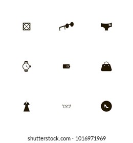 icon set Clothes with woman, clock, hanger and lady bag