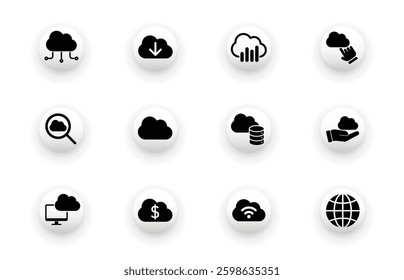 Icon set with cloud technology icons, storage, cloud computing, globe, computer, network connection. Solid vector icons.