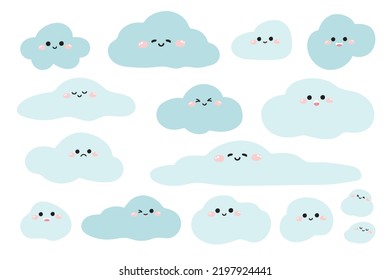 Icon set of cloud in various feeling.Cute emoji cartoon hand drawn collection.Kid graphic design.Sky.Nature.Kawaii.Vector.Illustration.