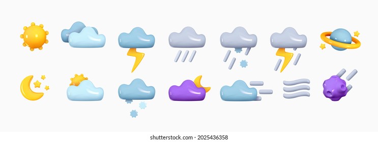 Icon set cloud weather. Realistic 3d symbol design. Complete collection. Vector illustration