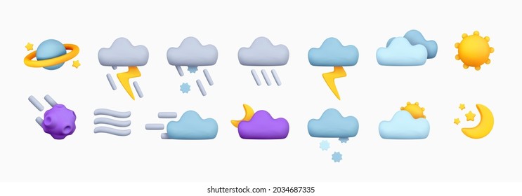 Icon set cloud weather. Realistic 3d symbol design. Complete collection. Isolated on white background. Vector illustration