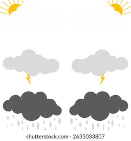 Icon set of clouds with sunset lightning and black clouds with raindrops
