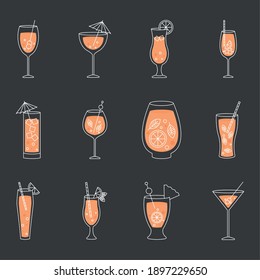 icon set of cocktail drinks over black background, colorful design, vector illustration