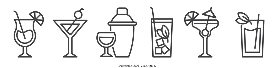 Icon Set of cocktail glasses and mixer - Vector Illustration -  Beverage for summer beach party - drinks in different types of glasses - Editable Thin Line Icons Collection on white Background 