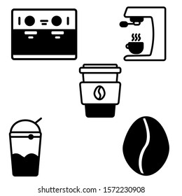 icon set of coffee, drinks, coffee cups, coffee machines and presses with a semi black style