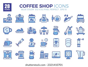 Icon set of Coffee Shop (blue color).
The collection includes icons of various aspects related to coffee shops, ranging from business and development to programming, web design, app design.