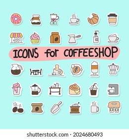 icon set of coffee stickers badges scrapbooking elements colorful hand drawn isolated on blue background. 