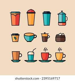icon set of coffee or tea cup bottle and mug