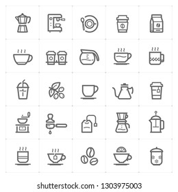 Icon set – coffee and tea outline stroke vector illustration on white background