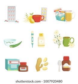 Icon set of cold and flu treatment objects. Tablets, tea with lemon and herbs, thermometer, ginger root, vitamins, aloe, syrup. Healthcare concept. Flat vector design