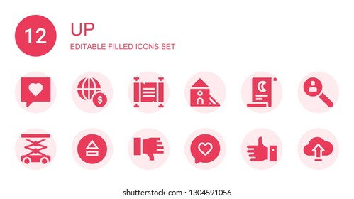 up icon set. Collection of 12 filled up icons included Like, Economy, Scroll, Indoor, Lift, Upload, Dislike, Research
