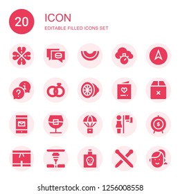 icon icon set. Collection of 20 filled icon icons included Clover, Puck, Melon, Chronometer, Navigation, Chat, Wedding rings, Lemon, Invitation, Box, Email, Whiskey, Parachute