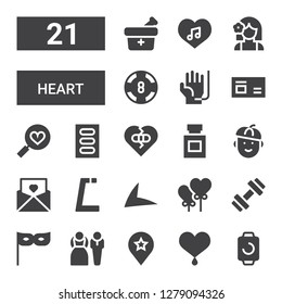 icon set. Collection of 21 filled heart icons included Smartwatch, Heart, Favourite, Bride, Party, Gym, Heart balloon, Live drive, Invitation, French, Medicine, Broken heart