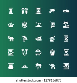 icon set. Collection of 25 filled sand icons included Hourglass, Wheelbarrow, Coconut tree, Dune, Measuring glass, Sand clock, Sand, Beach, Resistance, Sandclock, Sand bucket