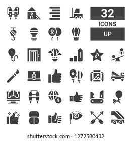 up icon set. Collection of 32 filled up icons included Ladder, Arrows, Mascara, Like, Makeup, Thumbs up, Ballon, Jackknife, Economy, Jet pack, Research, Crane, Panoramic view