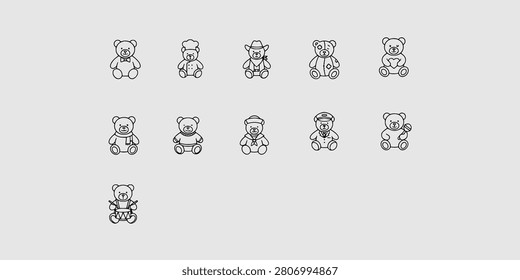Icon set collection of adorable teddy bears featuring various themes like chef, sailor, musician, cowboy, and classic soft toy styles.