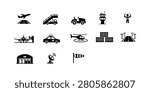 Icon set collection of airport ground support equipment and aviation facilities for professional travel and logistics operational visual communication.