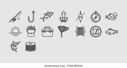 Icon set collection of angling and sport fishing gear elements featuring rods, hooks, bait, compass, nets, and deep-sea fish symbols.