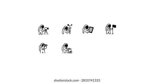 Icon set collection of astronaut research tasks, using cameras, observing with binoculars, and documenting data in black line icons.