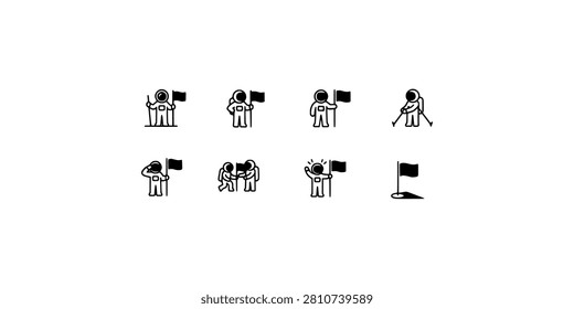 Icon set collection of astronauts planting flags on the moon and conducting space exploration tasks in a simple black style.