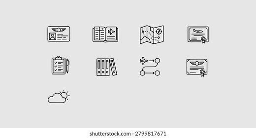 Icon set collection of aviation documentation, flight planning, navigation maps, certification, and regulatory paperwork for pilots and flight crews.