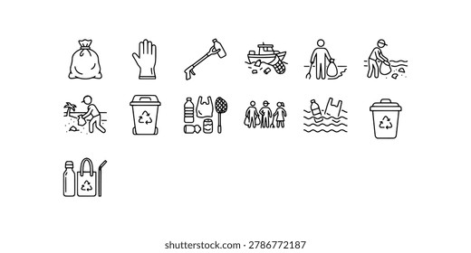 Icon set collection of beach cleanup activities depicting waste recycling bins, plastic pollution gathering, eco volunteers, and environmental protection symbols.