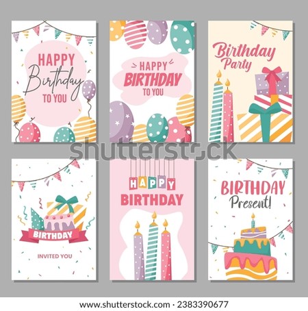 icon set A collection of beautiful happy birthday card designs with the concept of cake, candles, balloons and gifts on a colorful background.