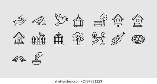 Icon set collection of bird feeding, wildlife care, birdhouses, and nature sanctuary line symbols for avian and environmental designs.