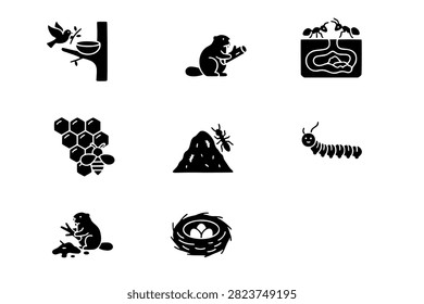 Icon set collection of black solid glyph illustrations showing animal habitats, bird nests, beehives, beaver dams, and underground anthills.