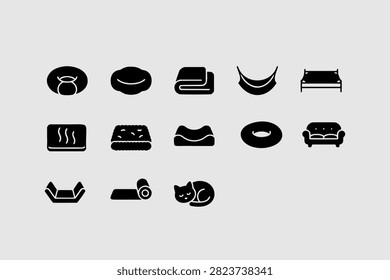 Icon set collection of comfortable cat beds, mattresses, blankets, pillows, hammocks, sofas, and sleeping accessories.