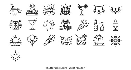 Icon set collection of cruise ship party and nightlife elements with music DJ, disco ball, cocktails, beach dance, and fireworks.