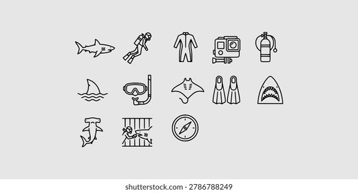 Icon set collection of dangerous shark diving and underwater adventure elements featuring scuba gear, cages, manta rays, cameras, and fins.