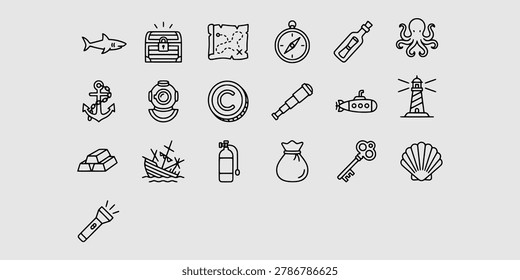 Icon set collection of deep sea exploration and sunken pirate treasure hunt elements featuring chests, diving suits, submarines, and gold bars.