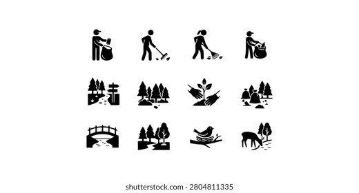 Icon set collection of environmental stewardship and forest conservation, featuring volunteers cleaning nature, planting trees, and wildlife habitat icons.