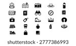 Icon set collection of essential travel and outdoor adventure gear, including backpacks, maps, cameras, hiking boots, and survival tools for explorers.